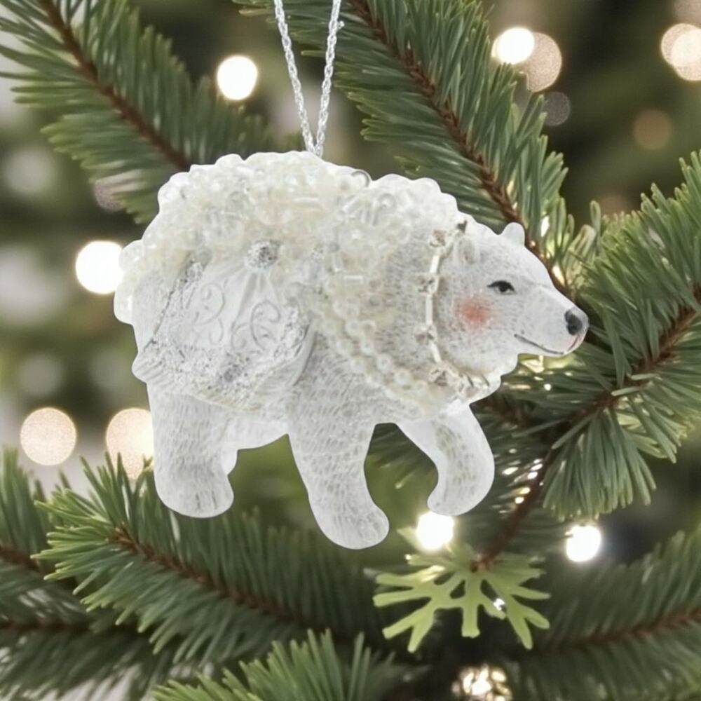 Polar Bear Christmas Ornament‎ White Rosy Cheeks Embellish Beads Rhinestones